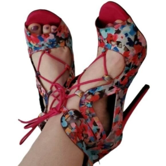 STILETTO HEELS PUMPS SHOES Pink Floral Peep Toe Lace Up Qupid Women's WOMAN'S 10 - Picture 12 of 16